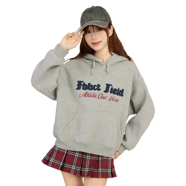 柏黛妃 美式复古字母印花连帽套头宽松加厚卫衣 男女同款 灰色