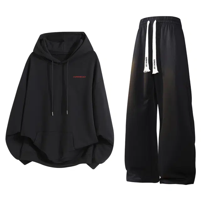 吾皇猫 美式复古基础款舒适透气简约百搭卡通动漫印花卫衣长袖长裤两件装休闲运动套装 男女同款