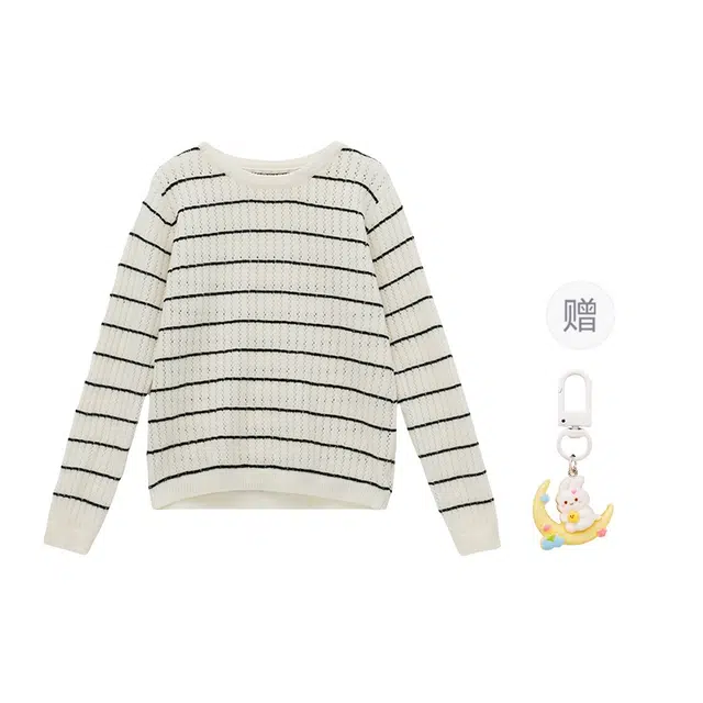 柏黛妃 条纹镂空小个子圆领长袖针织衫 女款