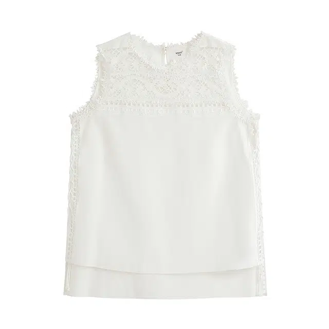 茵曼 镂空拼接设计感气质背心衬衣无袖衬衫 女款 珍珠白