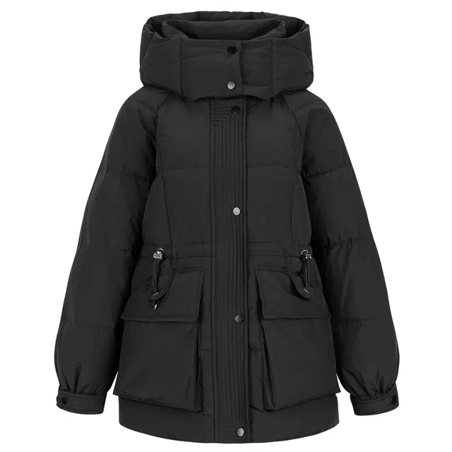 九条喵 纯色加厚连帽中长款羽绒服 女款