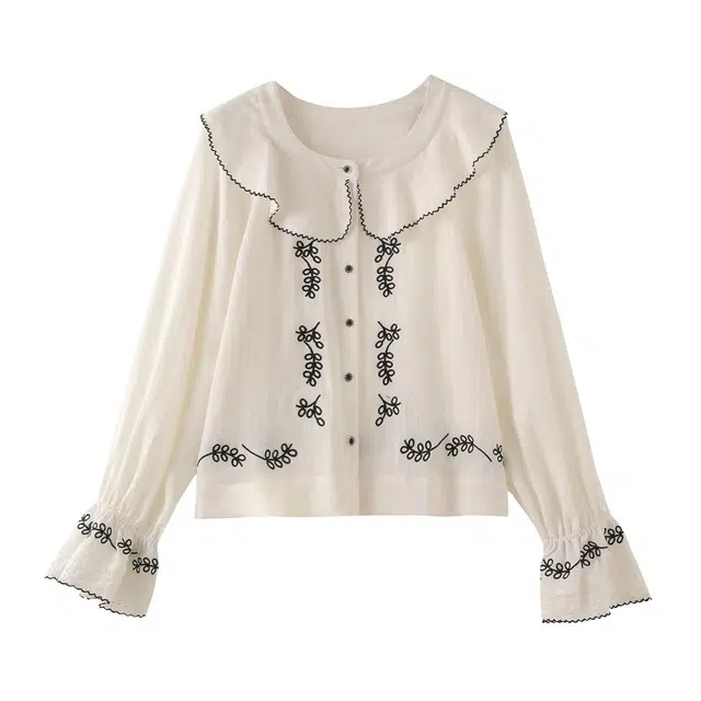 花栗鼠小姐 椿花拾语法式复古设计感长袖衬衫 女款 白色