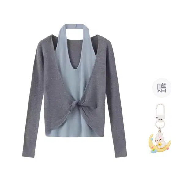 柏黛妃 灰色假两件挂脖 女修身内搭打底衫短款上衣针织衫 女款 灰拼蓝色+赠品