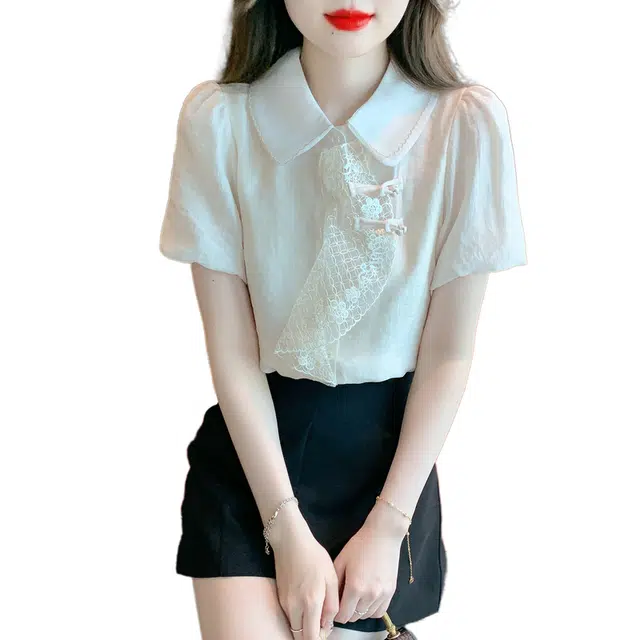 沐晓欣 翻领简约休闲泡泡短袖衬衫 女款 杏色