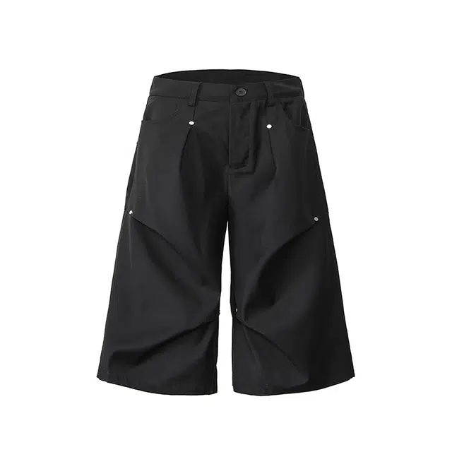 欧路得 纯色美式阔腿柳钉男夏季宽松小众设计感褶皱痞帅七分裤休闲短裤 男款