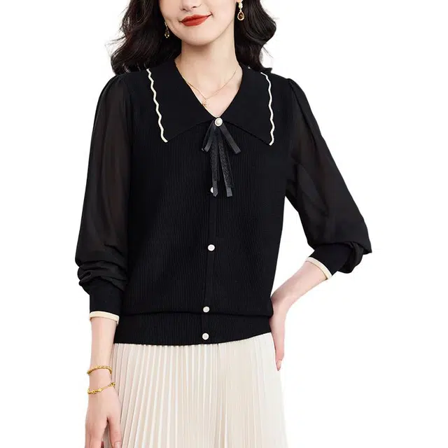 曲韩 蝴蝶结娃娃领小衫上衣气质甜美长袖显瘦春季针织衫 女款