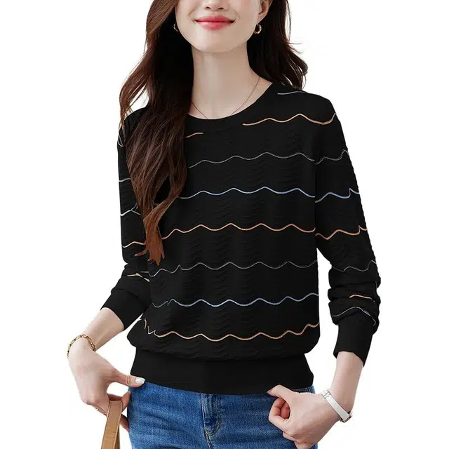 曲韩 小众甜美波浪纹上衣休闲时尚百搭显瘦针织衫 女款