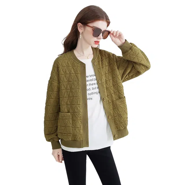 她池 纯色圆领落肩单排扣截短外套 女款