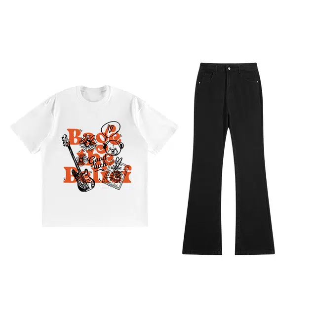 八哥 美式高街简约基础款舒适时尚百搭潮流适中纯色字母常规宽松圆领拉链落肩套头中腰短袖长裤休闲运动套装 男女同款