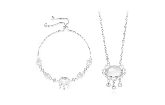 尚银福 平安长命锁系列 国潮新中式时尚优雅气质轻奢高级感 古典大气小众创意设计百搭手饰套装 玻璃猫眼 手链 女款