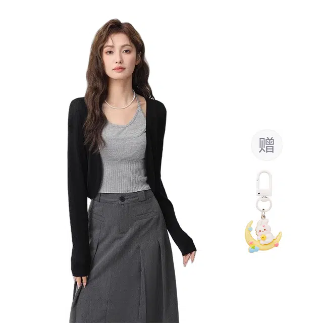 柏黛妃 防晒开衫外套薄款披肩罩衫短款针织衫 女款 黑色+赠品