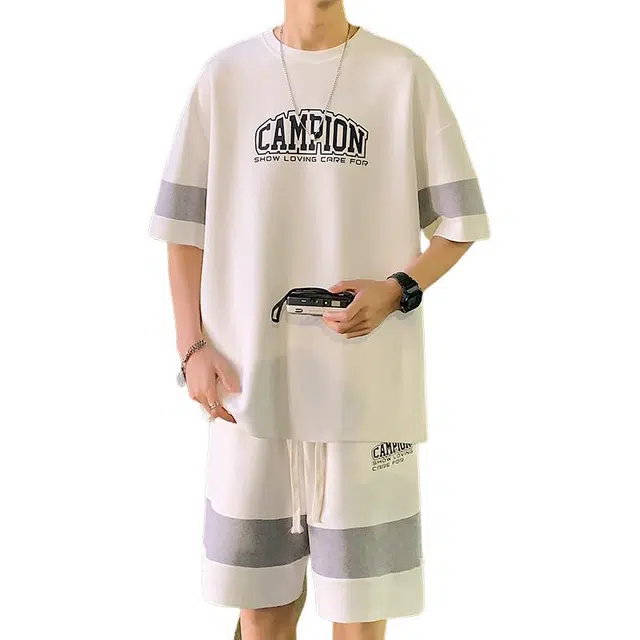 大白鲨 字母舒适透气短袖上衣松紧腰五分裤休闲运动套装 男款