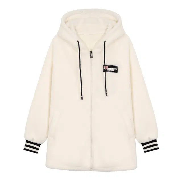 麓蔓蒂 字母贴布绣羊羔绒连帽落肩宽松保暖拉链中长款绒感外套 女款