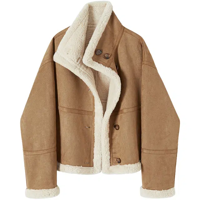 她池 保暖立领个性拼接加绒落肩宽松短款截短外套 女款 驼色