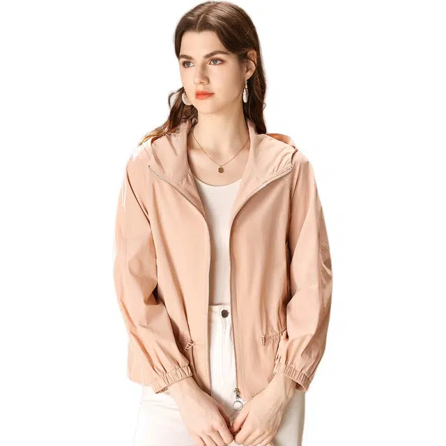 粉红玛琍 宽松休闲连帽纯色长袖截短外套 女款 粉色