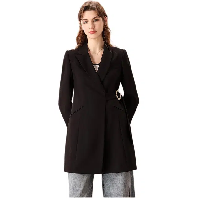 粉红玛琍 纯色时尚休闲高腰不对称长袖西装 女款 黑色