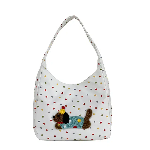 單倉 韩系波点腊肠狗可爱设计斜挎包通勤百搭手提包 涤纶 单肩包 常规 女款 白色/米白色/黑色