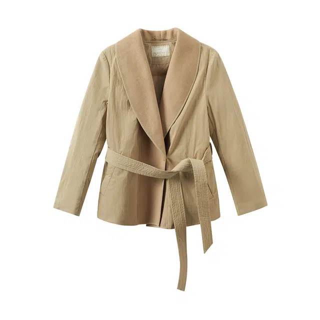 茵曼 休闲拼接双面呢翻领长袖棉服 女款 卡其色