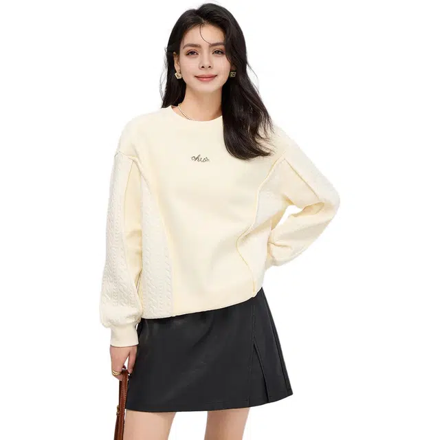 法文箱子 宽松休闲圆领卫衣 女款 杏色