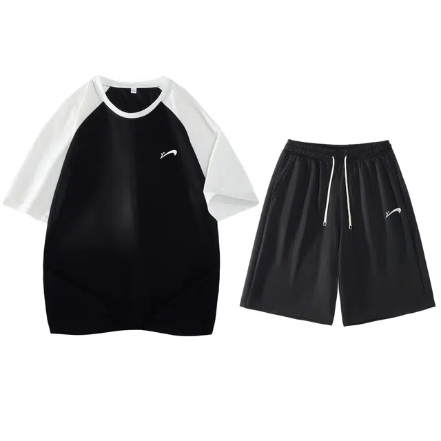 贵人鸟 美式复古街头高街简约纯色拼接圆领百搭短袖宽松系带五分短裤休闲运动套装 男女同款