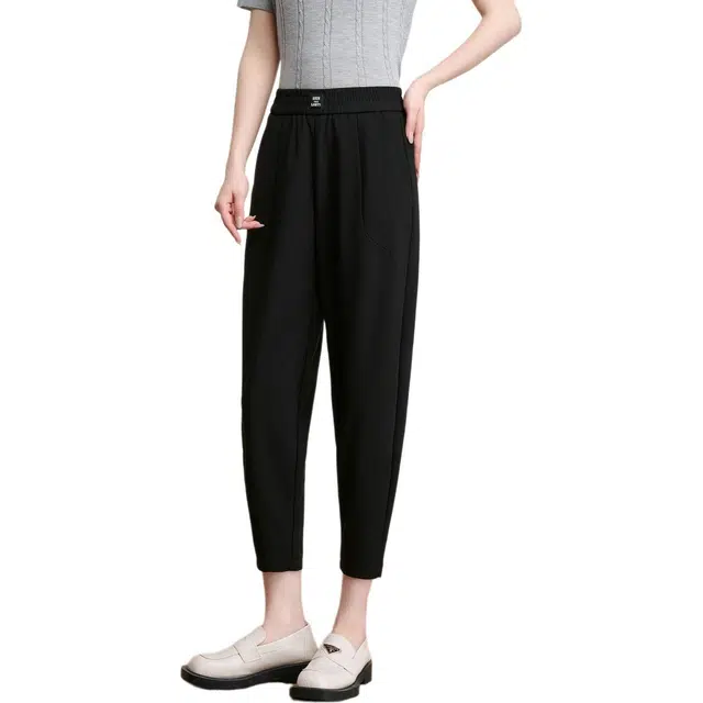 粉红玛琍 高腰简约舒适纯色九分休闲裤 女款 黑色