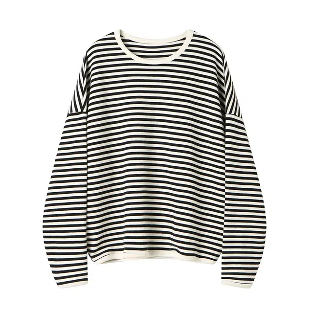 曲韩 圆领条纹宽松休闲上衣慵懒风百搭落肩长袖春季卫衣 女款 黑白条