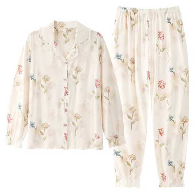 顶瓜瓜 国风长袖长裤休闲舒适花边家居服睡衣套装 女款
