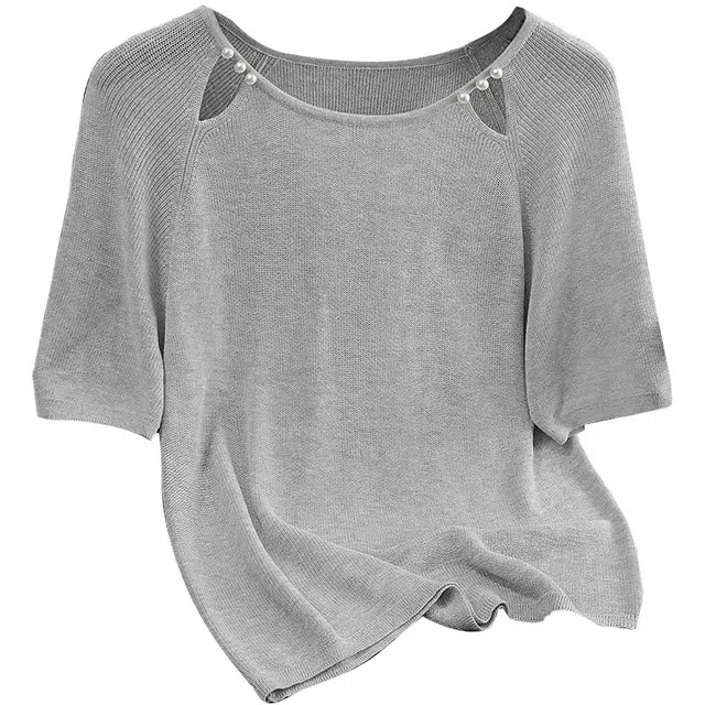 她池 纯色宽松圆领短袖针织衫 女款 浅灰色