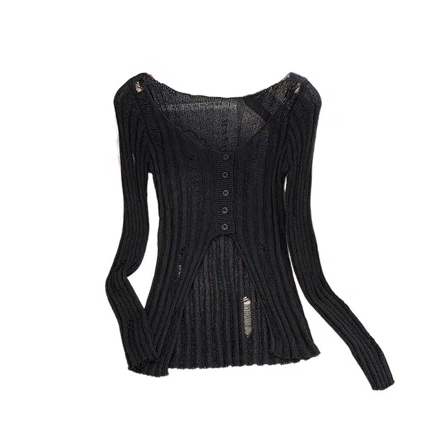 桴生 纯欲风镂空破洞开衫薄款夏季不规则拼接开叉短款针织衫 女款