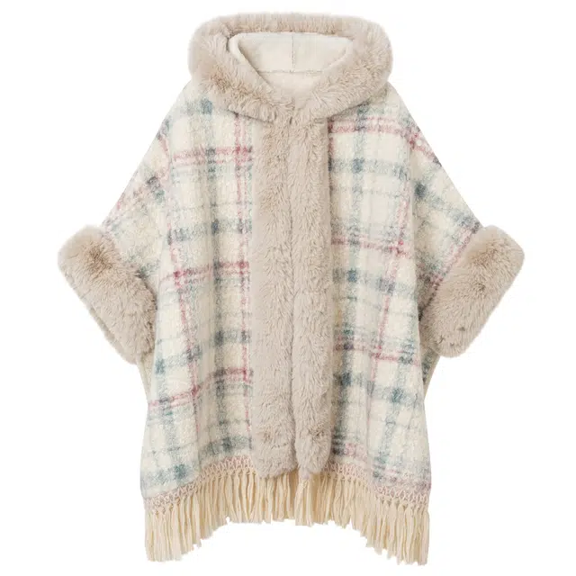 九条喵 加厚加绒斗篷毛领格纹流苏绒感外套 女款 藕色