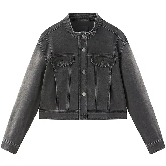 太平鸟 水洗单排扣短款立领牛仔外套 女款 黑灰