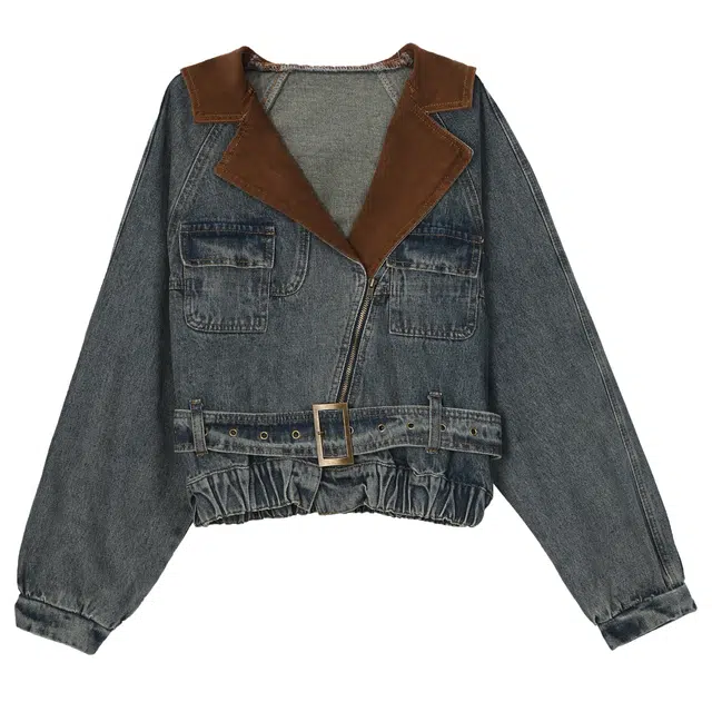 森女部落 撞色水洗翻领印花牛仔外套 女款 蓝色