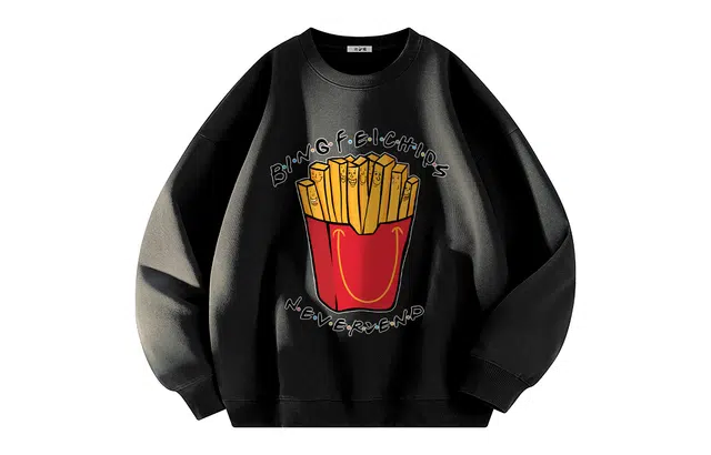 冰飞 美式复古时尚前卫创意趣味薯条图案字母印花宽松休闲舒适套头落肩无帽上衣潮牌潮流青少年感重磅百搭圆领卫衣 男女同款