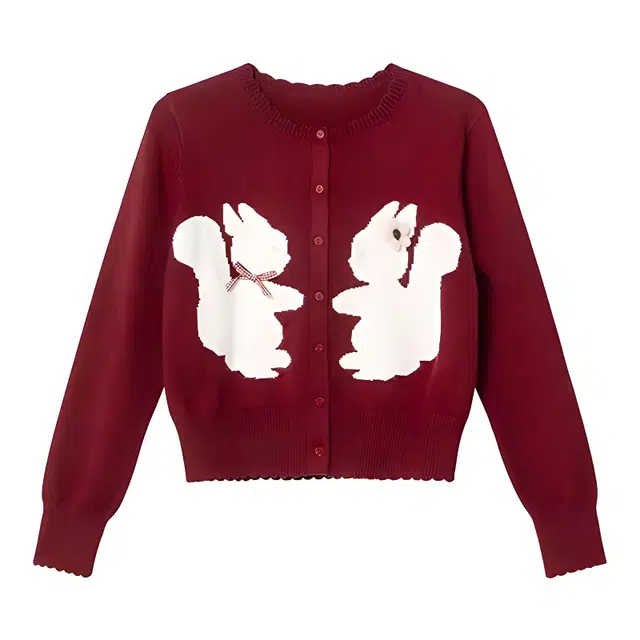 红蜻蜓 圆领撞色兔子提花单排扣长袖开衫针织衫 女款