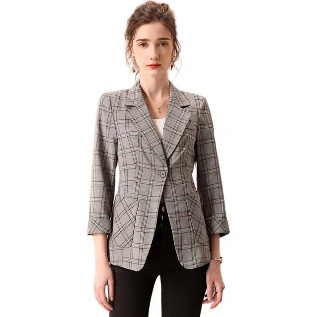 粉红玛琍 通勤修身九分袖西装 女款 灰格