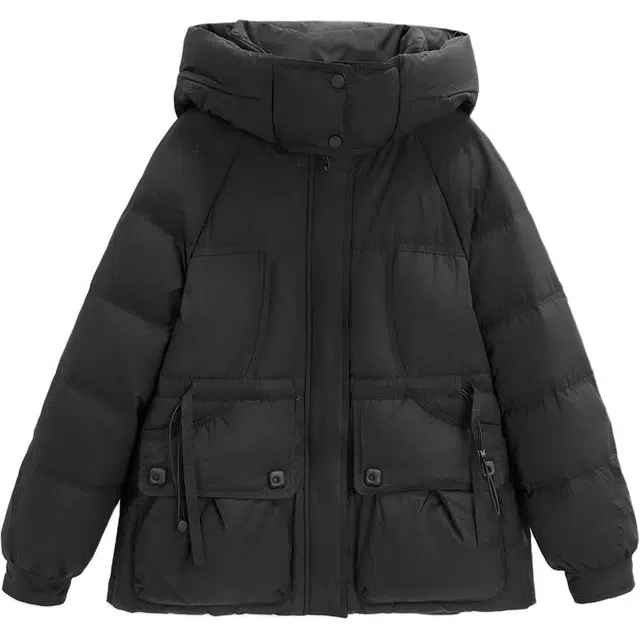 爱依服 纯色时尚简约舒适百搭连帽保暖长袖羽绒服 女款 黑色