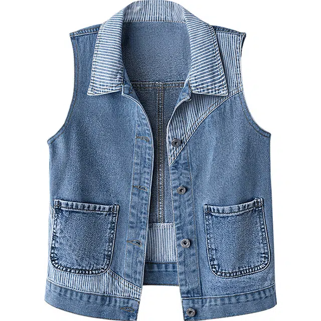 丝柏舍 时尚休闲马夹单排扣翻领无袖口袋设计感拼接牛仔马甲 女款 浅蓝色