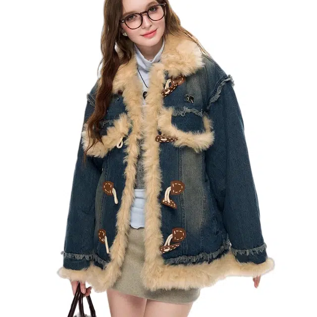 涂诗菲 美式复古水洗设计感拼接羊角扣毛边牛仔外套 女款 蓝