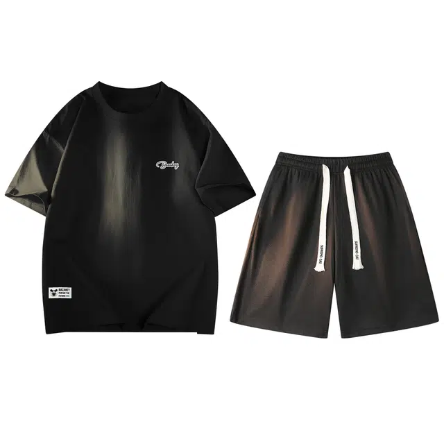 吾皇猫 美式复古百搭卡通动漫字母圆领短袖上衣基础款舒适简约短裤休闲运动套装 男女同款