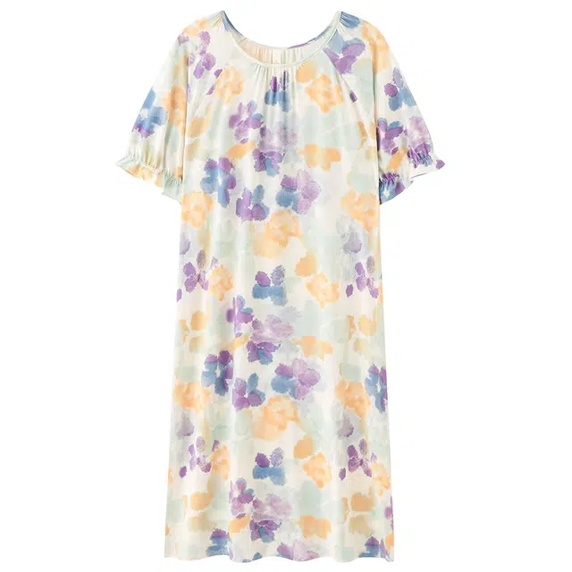 顶瓜瓜 灯笼袖长裙休闲甜美多巴胺花朵家居服短袖夏季睡裙 女款