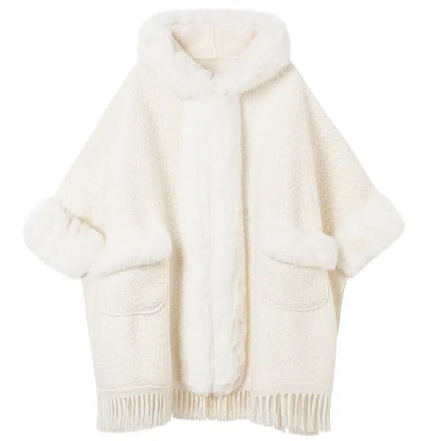 九条喵 加厚加绒斗篷毛领收腰宽松绒感外套 女款 乳白色