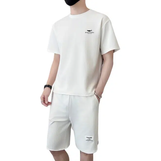 大白鲨 玉米纯色圆领舒适百搭薄款两件套休闲运动套装 男款