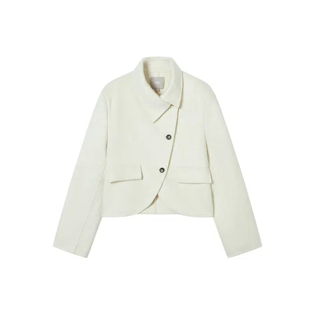 对白 纯色翻领单排扣双面呢短款大衣 女款