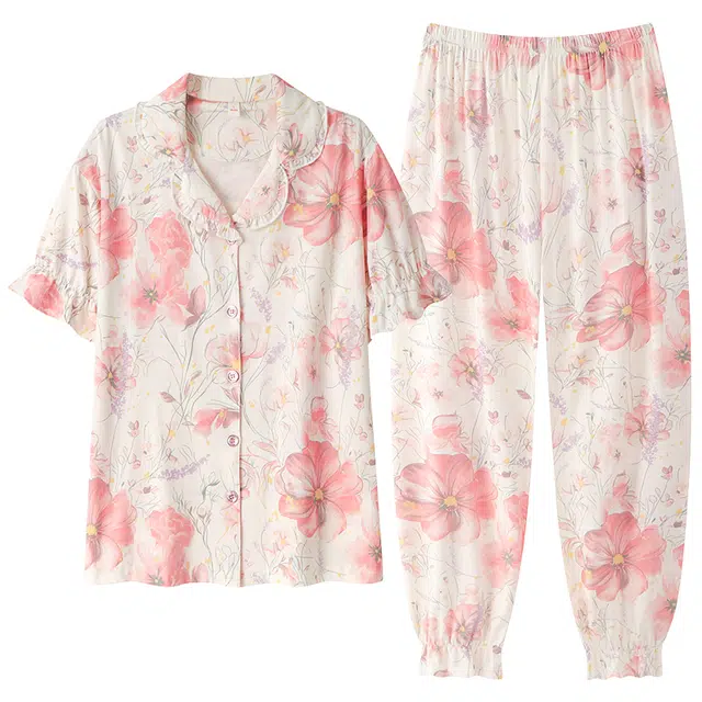 顶瓜瓜 国风灯笼短袖长裤大花休闲舒适家居服睡衣套装 女款