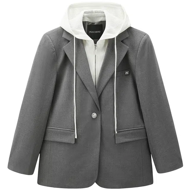 太平鸟 宽松假两件连帽拼接西装 女款 灰色