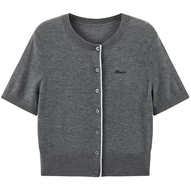 太平鸟 纯色合身适中圆领短袖针织衫 女款 灰色