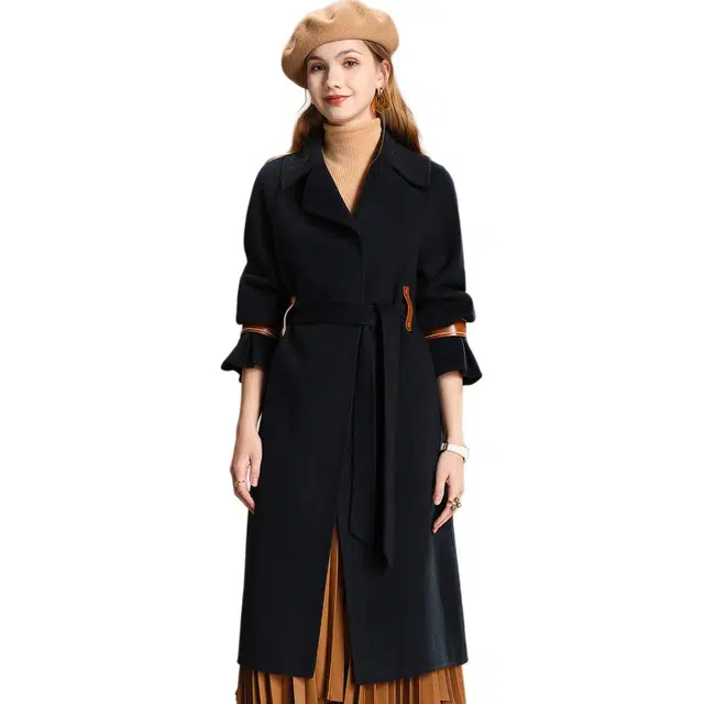 粉红玛琍 中长款双面呢高腰长袖大衣 女款 海水兰