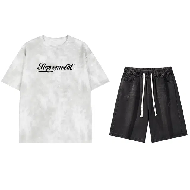 吾皇猫 圆领时尚百搭短袖直筒裤舒适系带纯色宽松短裤休闲运动套装 男女同款