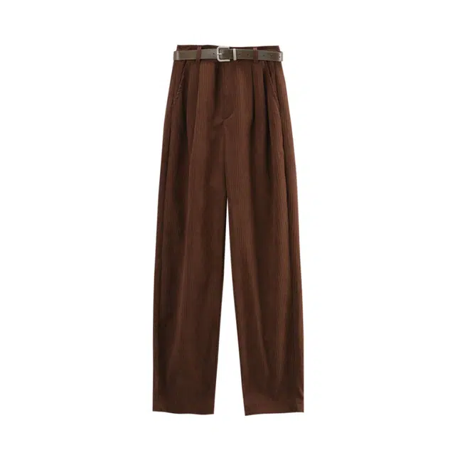 苏醒的乐园 纯色通勤高腰直筒加厚宽松腰带款休闲裤 女款