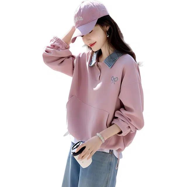 水中花 牛仔拼接假两件上衣春季学院风少女减龄刺绣宽松女卫衣 女款 粉色